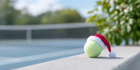 a tennis ball with a christmas hat on the court