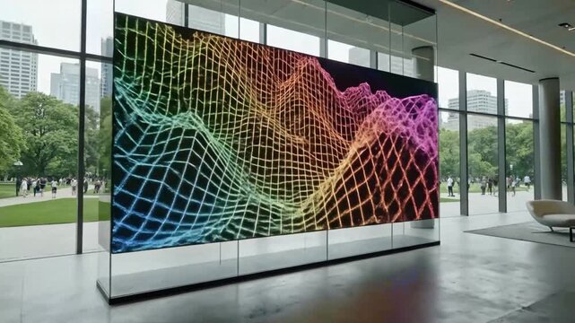 Modern office lobby featuring a large digital display showcasing vibrant abstract data visualization with rainbow gradient colors against an urban park backdrop