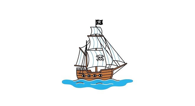 Cartoon pirate ship with skull and crossbones flag sailing on blue water