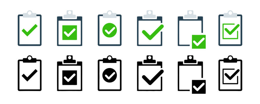 Variety of checklist clipboard icons with checkmarks in green and black colors showcasing completion tasks and confirmations with different styles and presentations on white background