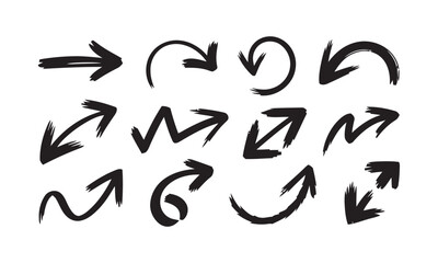 Obraz premium Variety of painted and drawn arrow symbols showing diverse directional movement and style including curves zigzags and sharp points on white background