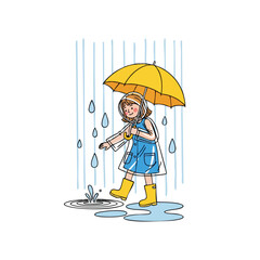 A cheerful girl in a raincoat and boots walks with a yellow umbrella in the rain.