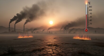Global warming concept with factory smoke, fire, and thermometer.