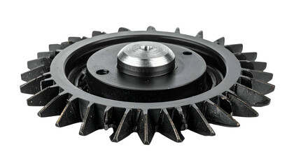Dark metal impeller with radial fins, central hub, and raised circular base against black