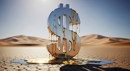 Melting Dollar Sign in Desert - Economic Crisis Concept.