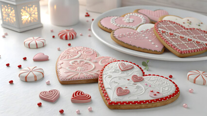 Naklejka premium Heart shaped Valentine's Day sugar cookies with pink icing and sprinkles on white plate with romantic candlelight setting