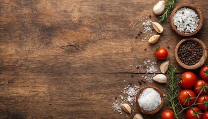 A rustic wooden table with various food ingredients and seasonings arranged on it