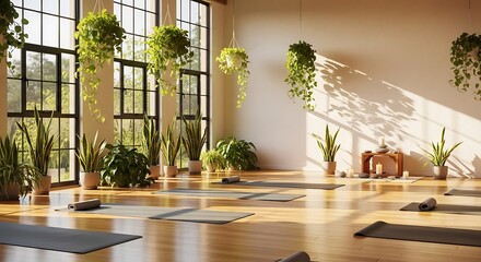 Bright Yoga Studio with Plants and Natural Light.