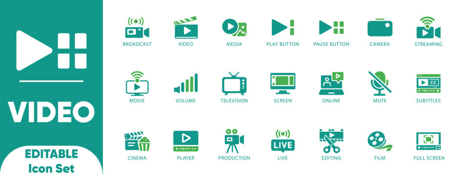 Video editable solid icon set.streaming,editing,filming,live,media,and symbols designs.
