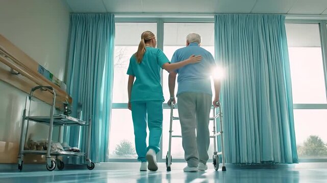 A nurse is assisting an elderly man using a walker to walk down a hallway. The man is being supported by the nurse's arm on his shoulder.