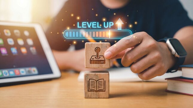 Gamification and E-learning concept. A person's hand stacks wooden blocks with game controller and book icons. Digital education and skill development.