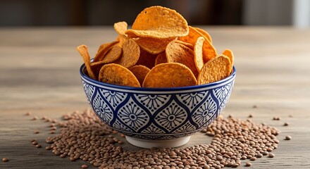 Bowl of Sweet Potato Chips with Lentils on Wooden Table.