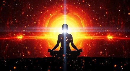 Silhouette of a person meditating against a vibrant cosmic background.