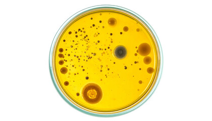 Petri dish with colonies of microorganisms on a yellow culture medium