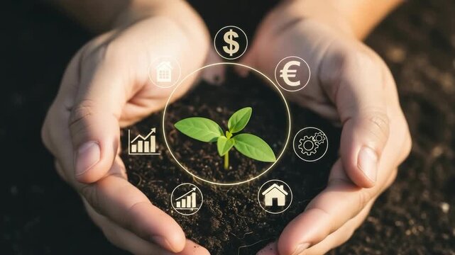 Hands cradling seedling with financial icons concept