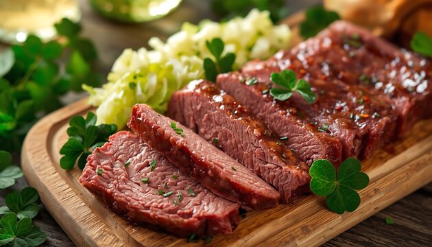 A delicious sliced corned beef on a wooden cutting board with cabbage and herbs
