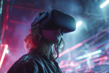 Fototapeta premium A teenage girl with a VR headset, completely immersed in futuristic virtual reality