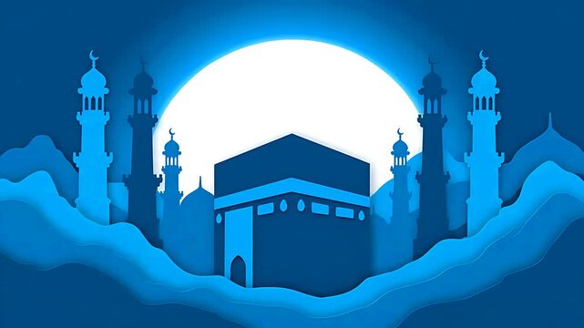 Stylized blue paper-cut illustration depicting the Kaaba cube structure at Mecca surrounded by prominent mosque minarets beneath a large bright moon.