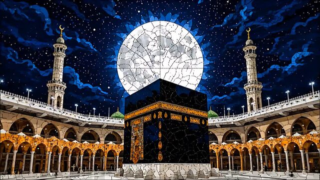 Artistic depiction of the sacred Kaaba structure at the center of the Grand Mosque courtyard under a luminous full moon and starry night sky.