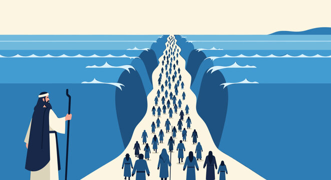 Biblical prophet with a long beard and staff leads a large crowd of followers on a journey through the parted sea in a minimalist flat vector illustration