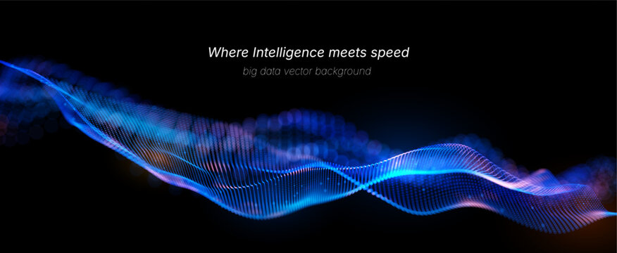 Futuristic data array visualization with flowing particle waves and digital interface representing big data analysis, pattern recognition, artificial intelligence, machine learning vector background