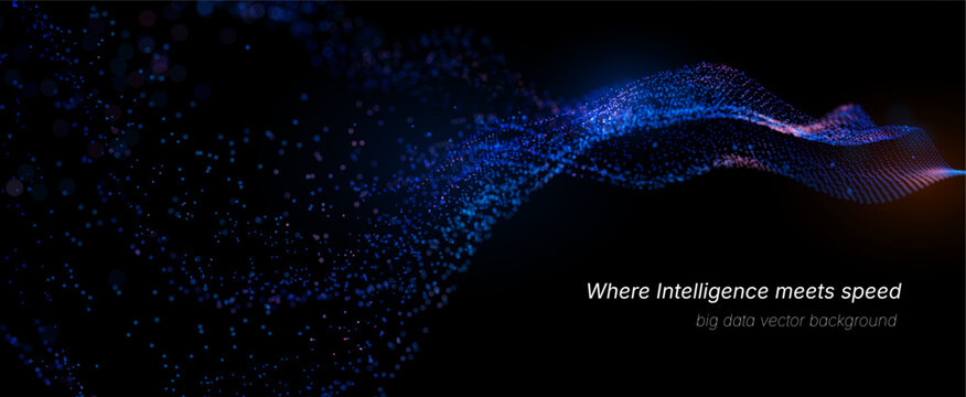 Futuristic data array visualization with flowing particle waves and digital interface representing big data analysis, pattern recognition, artificial intelligence, machine learning vector background