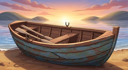 Obraz premium Weathered wooden rowboat with oars on a sandy beach at sunset