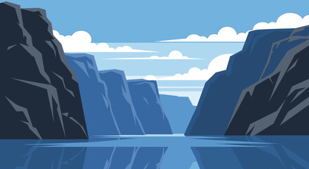 Serene fjord landscape with steep mountains and calm blue water reflecting the rocky cliffs under a beautiful sky with white clouds, a minimalist vector illustration