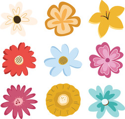Obraz premium Cute Colorful Flower Sticker Set Hand Drawn Floral Clipart Collection