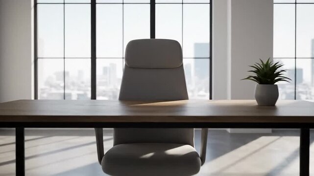 Modern empty office desk with ergonomic chair and small plant, bright window light and city skyline, minimalist workspace for productivity and remote work mood