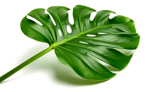 Monstera Deliciosa Leaf Isolated on White Background Close Up.