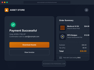 A user interface design shows a completed transaction screen for a digital marketplace. It features a payment success message, order details, and buttons for downloading assets.