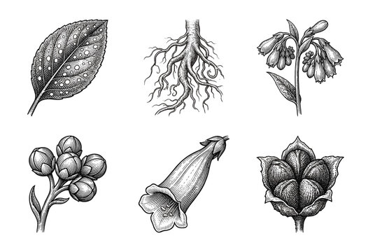 Vintage botanical engraving collection featuring detailed line art illustrations of leaves, roots, flowers, and seed pods