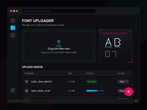 This dark mode user interface for a font uploader application features a cyberpunk aesthetic with neon accents, a drag-and-drop area, and a detailed list of typography assets in a queue.