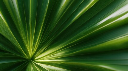 Obraz premium Abstract green palm leaf texture showcasing a radial pattern with vibrant light rays for a high-tech nature background and organic botanical design inspiration