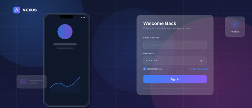 A modern dark mode user interface design featuring a smartphone mockup and a login form with email and password fields on a dark blue background with a subtle grid pattern.