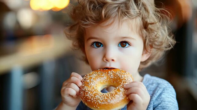 a child eats a bagel. Selective focus