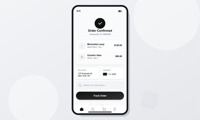 Naklejka na ściany i meble A mobile phone screen shows a minimalist order confirmation page with a list of purchased items, transaction details, delivery information, and a track order button.