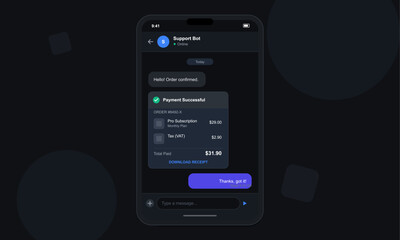A mobile phone screen shows a dark mode chat application where a support bot confirms a successful payment for a monthly subscription plan including tax and total amount.