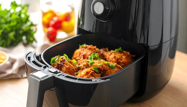 Pollo especiado cocinado en freidora de aire con hierbas frescas en cocina moderna