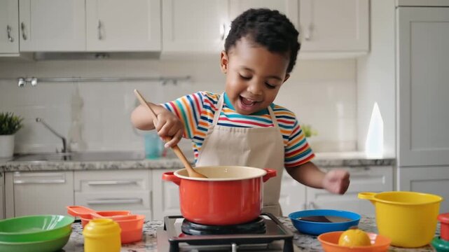 A young black boy stirs a pot on the stove in a bright kitchen. Colorful cookware surrounds him, including green, yellow, and orange bowls.