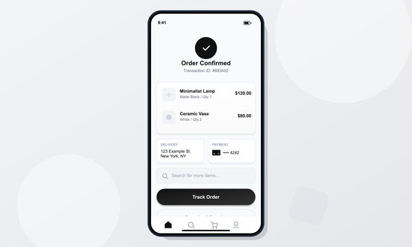 A mobile phone screen shows a minimalist order confirmation page with a list of purchased items, transaction details, delivery information, and a track order button.