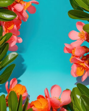 Pink flower branches bordering a blue background create a spring floral frame with copy space for seasonal greeting cards, summer templates, and art projects