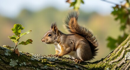 Red Squirrel Perched on a Branch in Autumn Sunlight.
