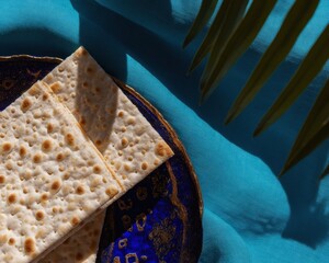 Jewish Matzah Bread on Blue Seder Plate with Textured Fabric and Palm Leaf for Passover Holiday Celebration Ritual and Religious Marketing Background
