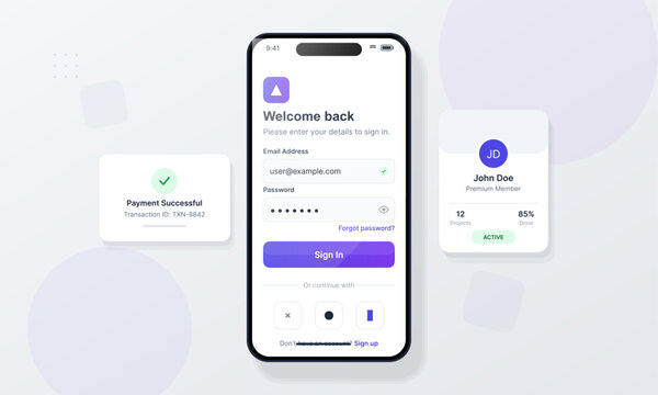 A smartphone displays a modern login interface with email and password fields. Floating UI elements show a payment confirmation and a user profile card on a clean background.