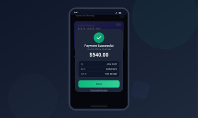 A mobile phone screen shows a payment successful notification for a digital money transfer. The interface includes transaction details like the amount, date, and recipient name.