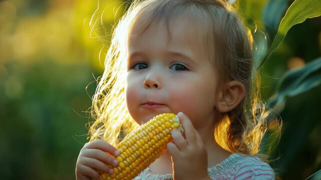 the child eats corn. Selective focus