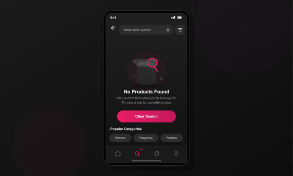 A mobile phone screen shows a search result page with no products found for a lipstick query. The interface includes popular categories and a clear search button in dark mode.