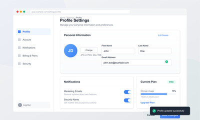 A clean user interface design for a web application profile settings page featuring personal information fields notification toggles and storage usage details on a white background